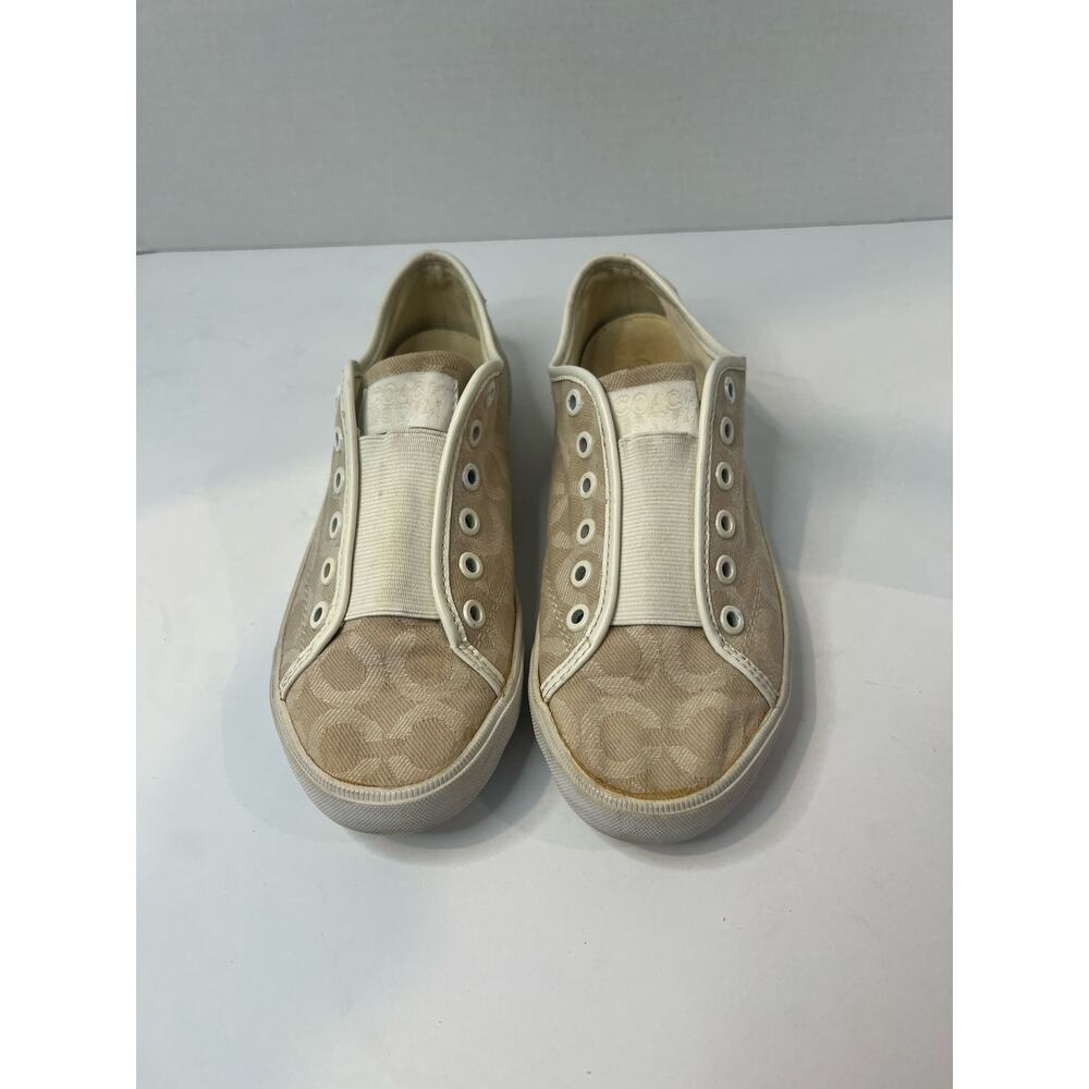 Coach‎ Women’s Bev Tan Canvas Signature CC Sneakers Slip-on Beige Flats 7.5